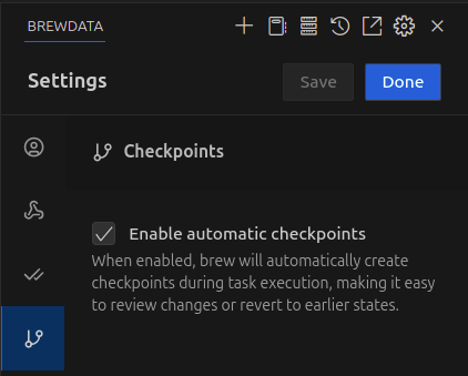 Checkpoint settings in brewdata configuration