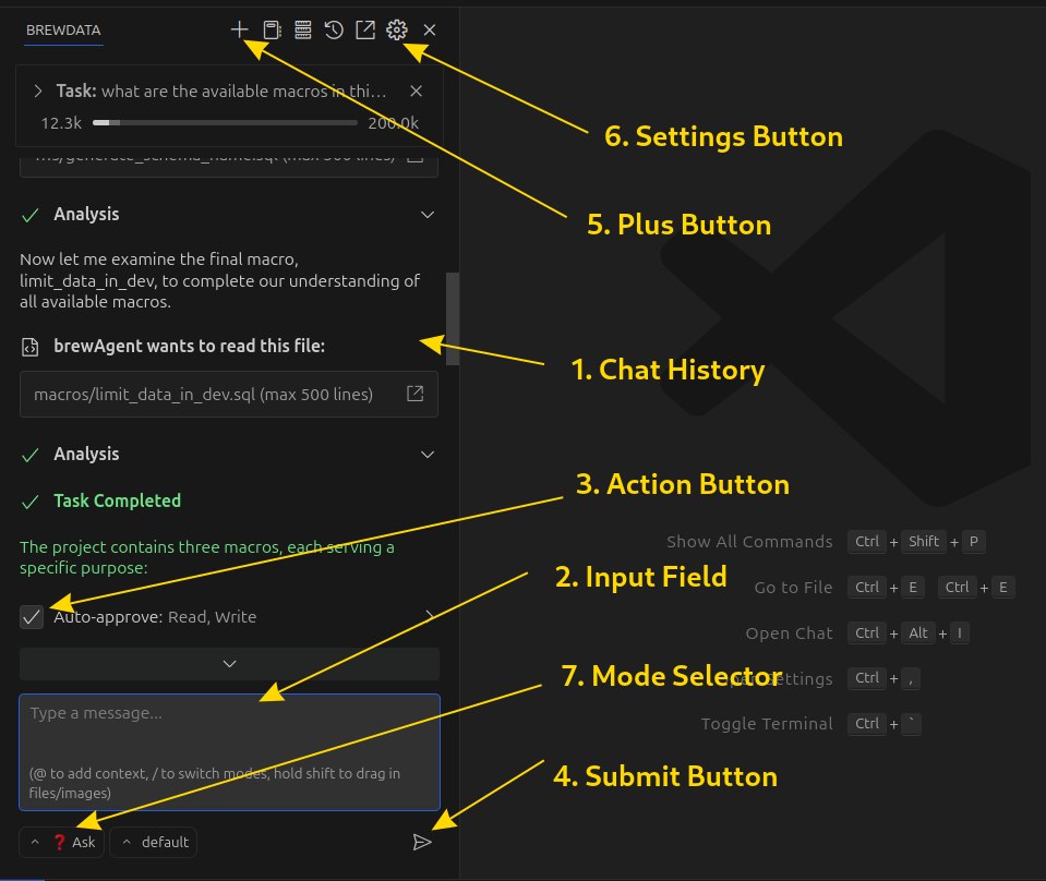 Chat interface components labeled with numbered callouts