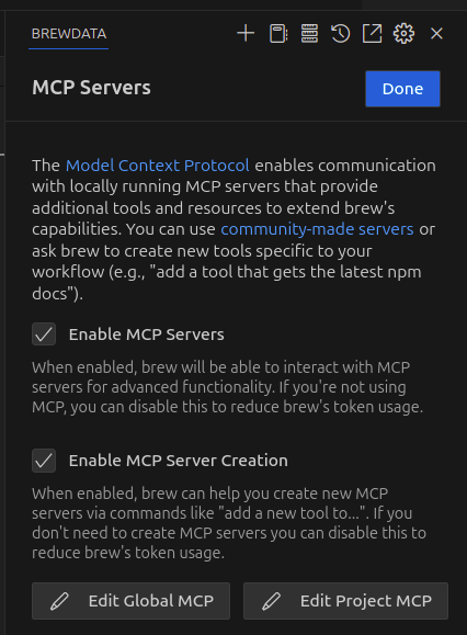 MCP Servers interface in brewdata