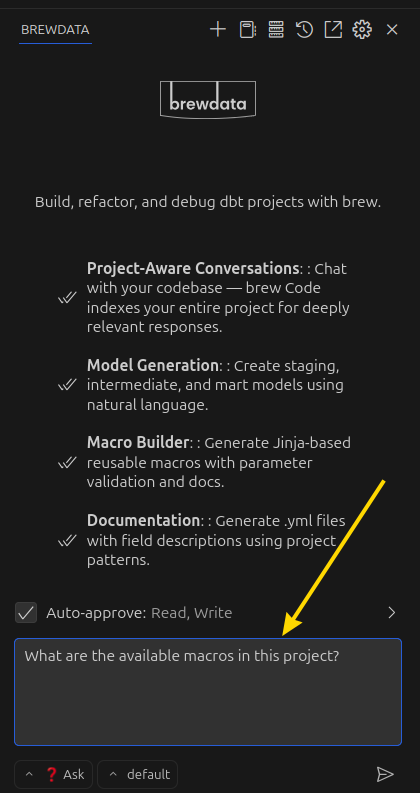 Typing a task in the brewdata chat interface